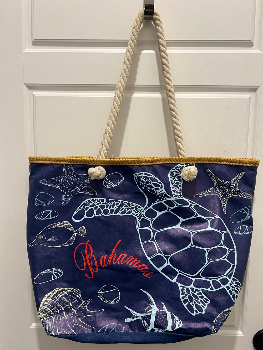 Bahamas Navy Turtle Print Rope-Handle Tote